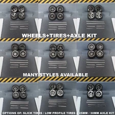 1:64 CHROME WHEELS + TIRES + AXLE KIT FOR HOT WHEELS CUSTOMS AND DIORAMAS 1/64