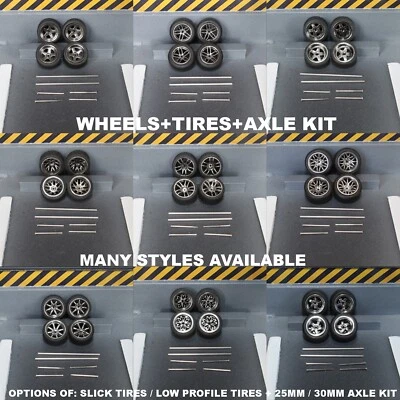 1:64 CHROME WHEELS + TIRES + AXLE KIT FOR HOT WHEELS CUSTOMS AND DIORAMAS 1/64