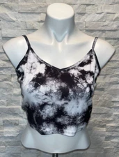 EUC Women's SHEIN Cropped V-Neck Tank Twisted Back Unlined Black White Tie Dye L