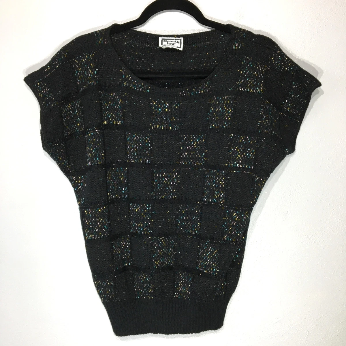 Vintage 70s 80s Black Sweater with RAINBOW Metallic Disco Lurex Sweater Boho