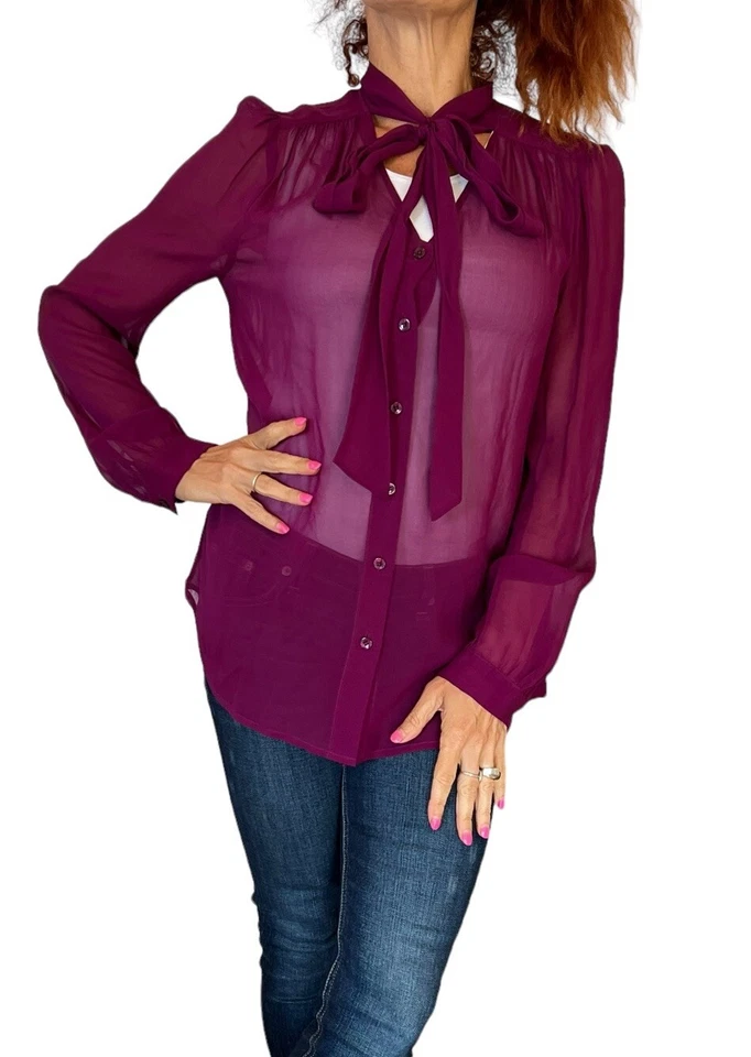 DKNY DONNA KARAN NEW YORK FUSCHIA GRAY SHEER PUSSYBOW NECK TIE SILK CHIFFON M - Image 2 of 4