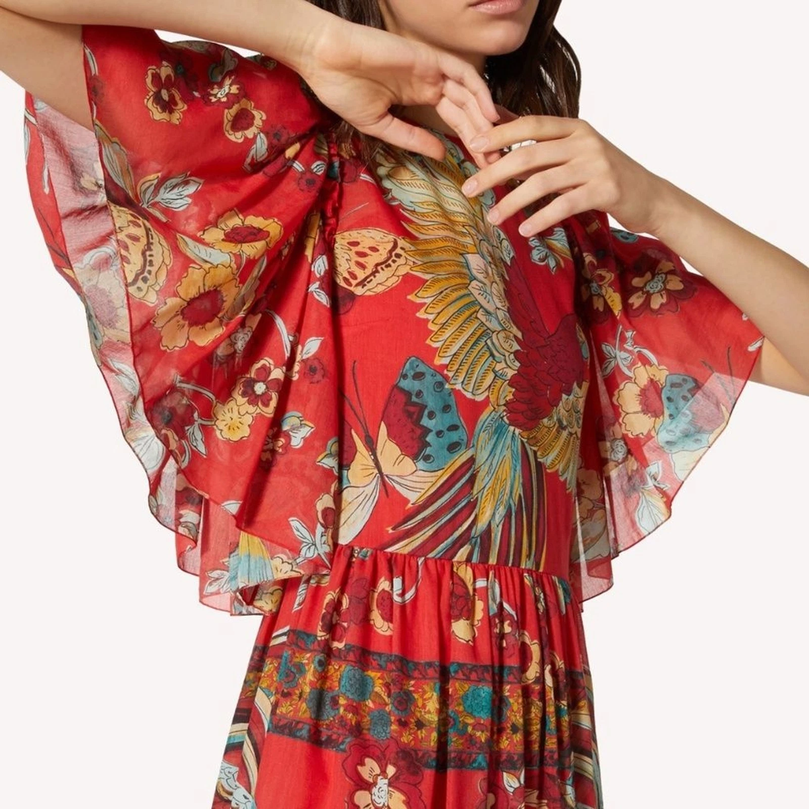 Abito rosso Valentino uccellino del paradiso foresta nuovo senza etichette