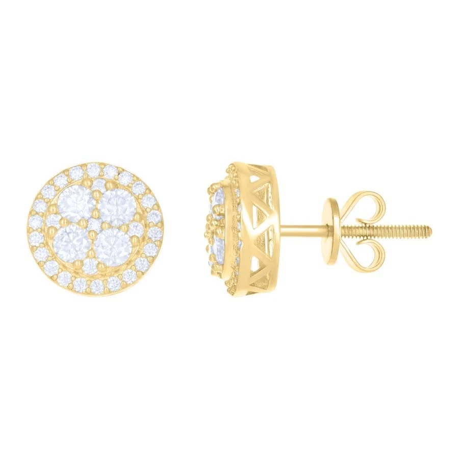 Aretes de oro amarillo de 10 k con halo en racimo de moissanita de corte redondo de 10 mm 0,42 quilates
