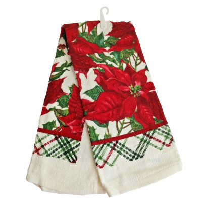 Holiday Time Christmas Kitchen Towel 15'' x 25'' Cotton Poinsetta Stripes Plaid