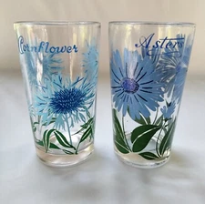 2 Vtg Boscul Peanut Butter Glass Jar Tumbler Blue ASTER & CORNFLOWER