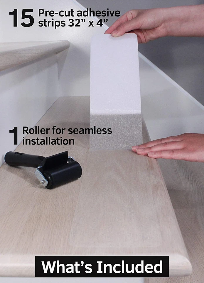 Cinta antideslizante para peldaños de escaleras de 32"x4" (paquete de 15) - Tiras transparentes antideslizantes para interiores Foto 2 de 4