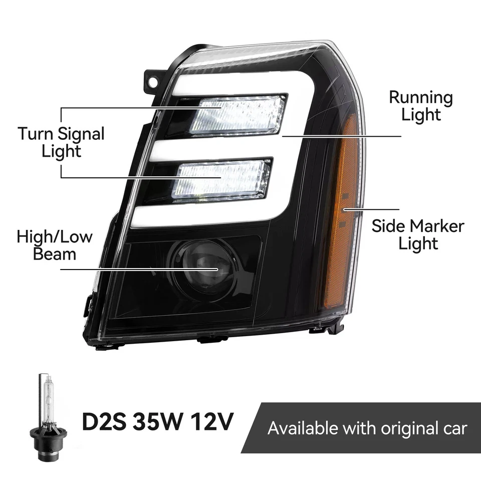 For Cadillac Escalade ESV 2007-2014 HID/Xenon Model LED DRL Projector Headlights - Image 2 of 4