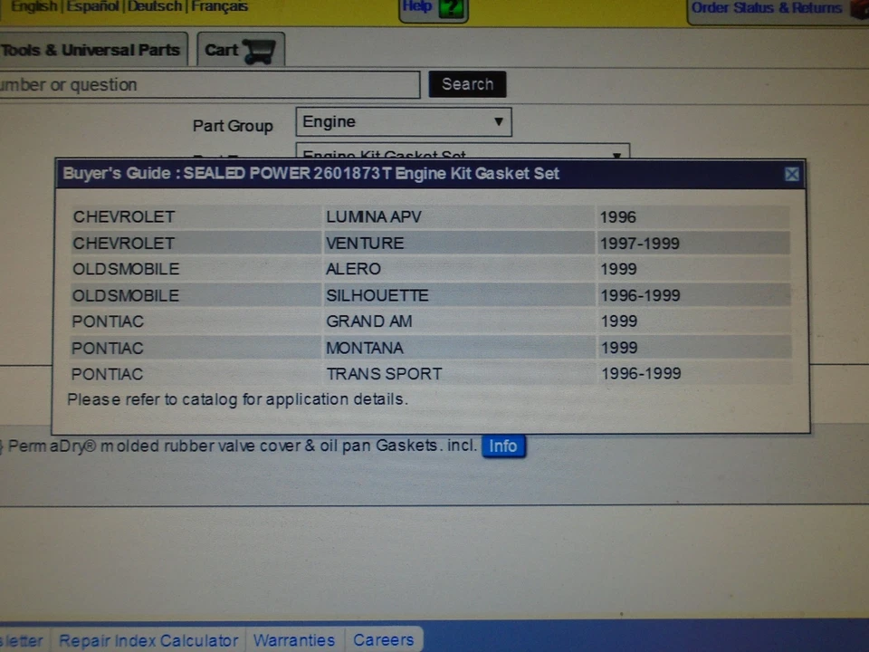 96-99 chevy pontiac lumina gran prix engine gasket set sealed power 260-1873t - Image 2 of 3