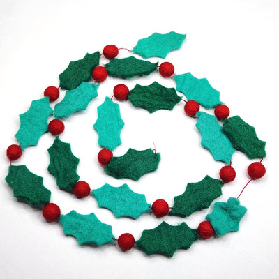 Felted Wool Holly Berry Christmas Holiday Garland 6 ft Green Red