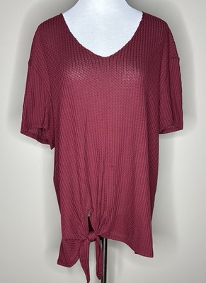 Meri skye womens short sleeve waffle v-neck burgundy red top/shirt tie waist 2X.