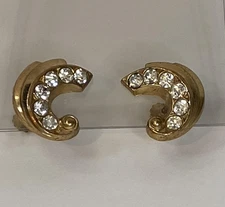 Vintage Cora Rhinestone Gold Tone Screw Back Earrings Crescent Swirl Art Deco