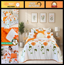100 Cotton Twin Quilt Set - Orange Sunflower Floral Bedding, Lightweight Bedspr