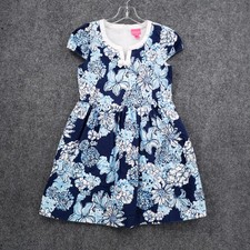 Lilly Pulitzer A Line Louise Dress Kids Girls 14 Blue Cap Sleeve Stretch Floral