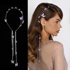 Wedding Butterfly Headband for Women and Girls, Silver Tassel Hair Chain, Fit...