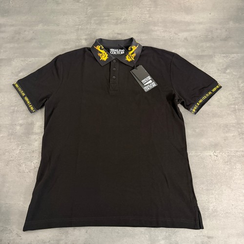 Versace Jeans Couture Polo Shirt Mens Large Watercolor Collar Black Gold NEW