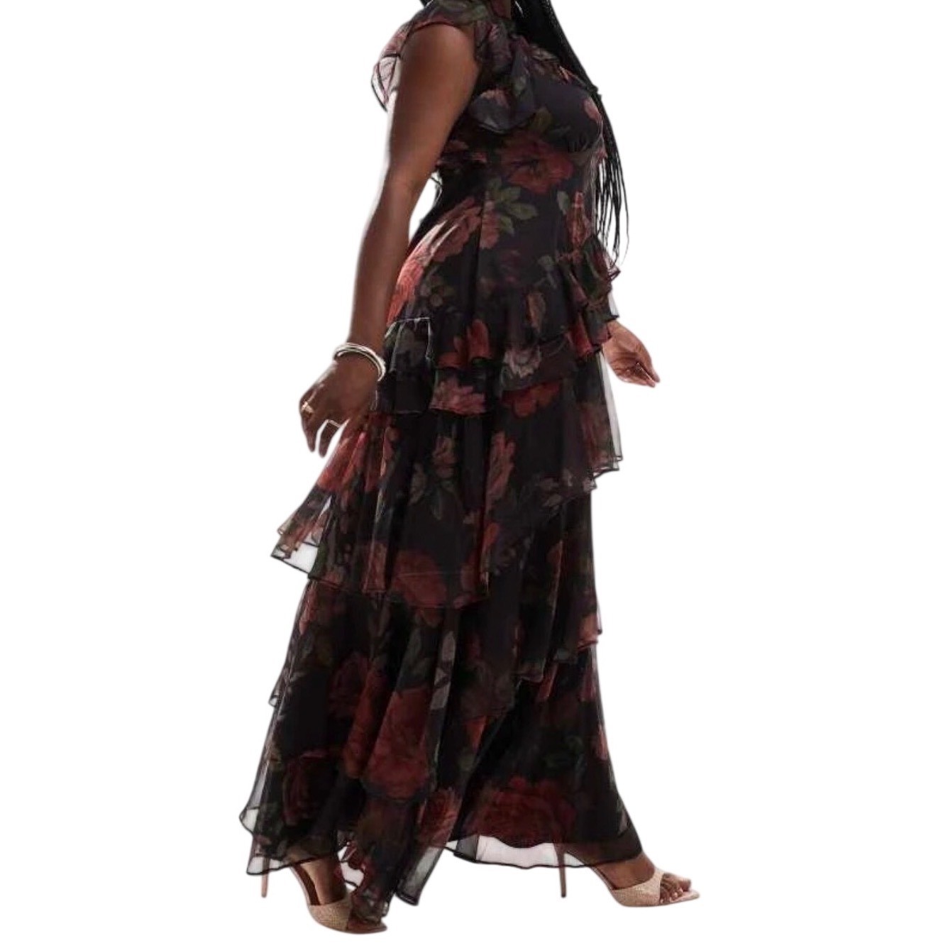C1 ASOS DESIGN Curve Red Rose Floral Ruffle Tiered Maxi Dress Plus 26
