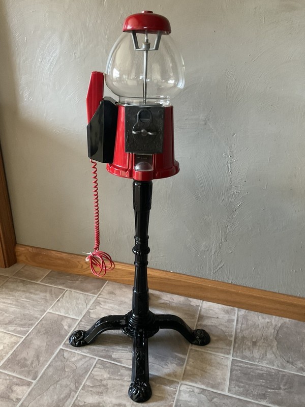 Vintage 1985 Carousel Red Cast Metal Glass Gumball Machine w/Stand & Phone *RARE