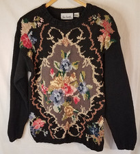 VTG Womens S Sweater Floral Flower Black Ramie Cotton Two Twenty 1990's