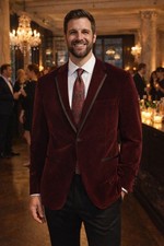 Mens Alan Flusser Burgundy Velvet Dinner Jacket 46R Wedding Formal One-Button