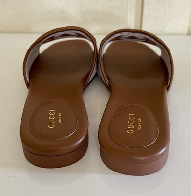 GUCCI サンダル　ブラウン　　40 1/2 E NIB Gucci women's 38 1/2 brown leather & canvas slide sandals