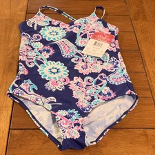 Kanu Surf Lemonade Paisley Floral One Piece Swimsuit Navy Girls Size 12