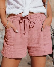 Ladies Linen Cotton Elastic Waist Drawstrings Loose Pockets Shorts Pants Size