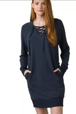 Prana Cozy Up Terry Dress Nautical Blue Long Sleeve Lace Up Relaxed Hemp Size XS
