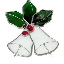 Stained Glass Sun Catcher Christmas Bells w Holly Berries Ornament Handmade USA