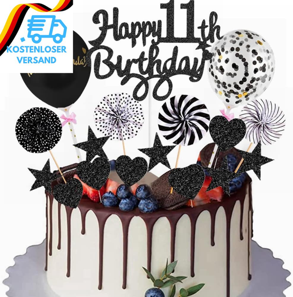 Happy 11Th Birthday Tortendeko Schwarz Tortendeko 11 Geburtstag Deko Kuchen Topp-image