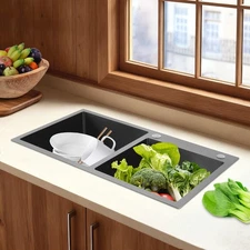 Undermount Kitchen Double Bowl Stainless Steel Sink Black Workstation 80x45cm