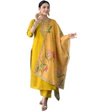 Women's Embroidered Poly Viscose Straight Kurta with Pant and Printed Dupatta