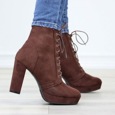 Brown Suede Platform Boots Size 5.5 Lace-Up Block Heel Ankle Booties