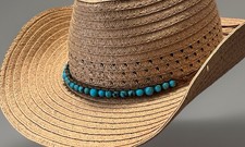 Boho Western Straw Hat - Turquoise Beaded Band - Cowgirl Rodeo NWT