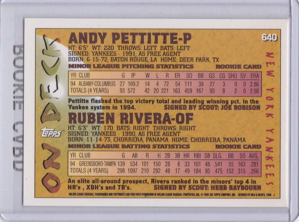 Tarjeta de novato Andy Pettitte New York Yankees 1995 TOPPS MLB béisbol doble radiocontrol Foto 2 de 2