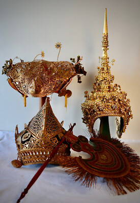Indonesian Balinese Dancer's Head Dresses & Embroidered Fan Mid-20th Century