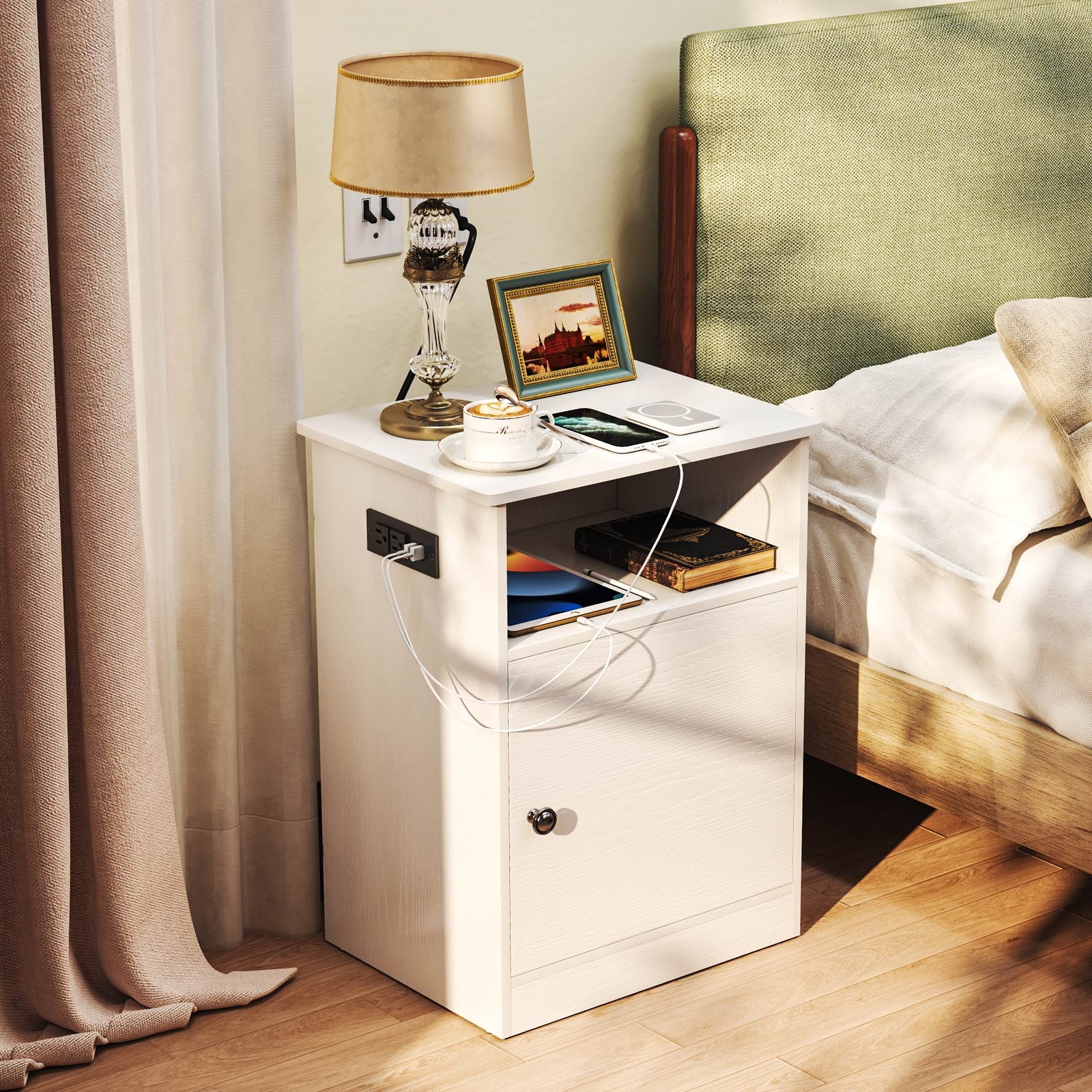 TCHOMENY White Nightstand w/USB+ Charging Ports Wood Side End Table
