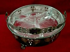 Vtg Basket Divided Glass Dish Mint Tidbit Tray Pierced Silverplate Stand