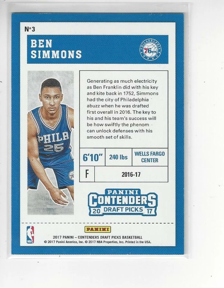Ben Simmons 2017 Contenders Basketball Draft Pick Parallel #3 RC /99 - Image 2 of 2