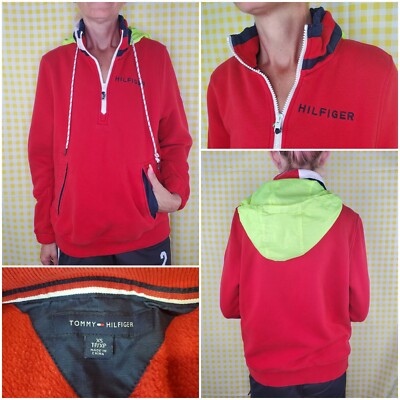 Tommy Hilfiger Red 1/4 Zip Pullover Hi Front Spellout Yellow Hood