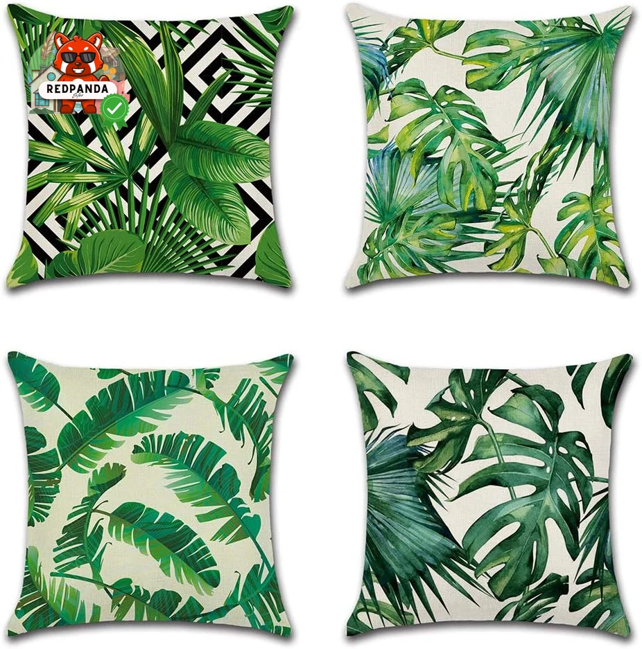 Kawani Set Di 2 Federe Per Cuscini Decorative Con Albero Di Natale, 50x50 Cm, Verde E Beige, In Lino Di Cotone