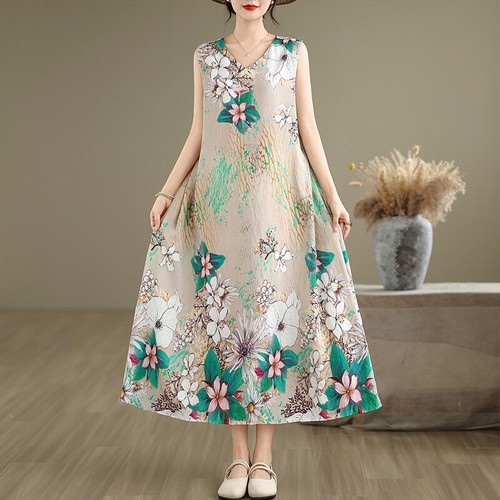 Große Größen ärmellos V-Ausschnitt Weste langes Kleid Damen Retro Blumenmuster A-Linie - Bild 15 von 15