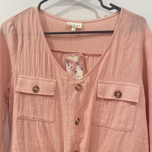 NWT Belle Du Jour Pink Gauzy Keyhole Tie Decorative Button Blouse Size Large L - Picture 3 of 11