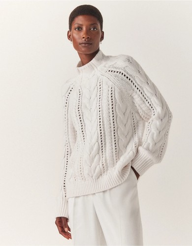 The White Company Oversize-Alpaka-Pullover Zopfmuster Pointelle, weiß X-Small UVP 159 £ - Bild 1 von 6