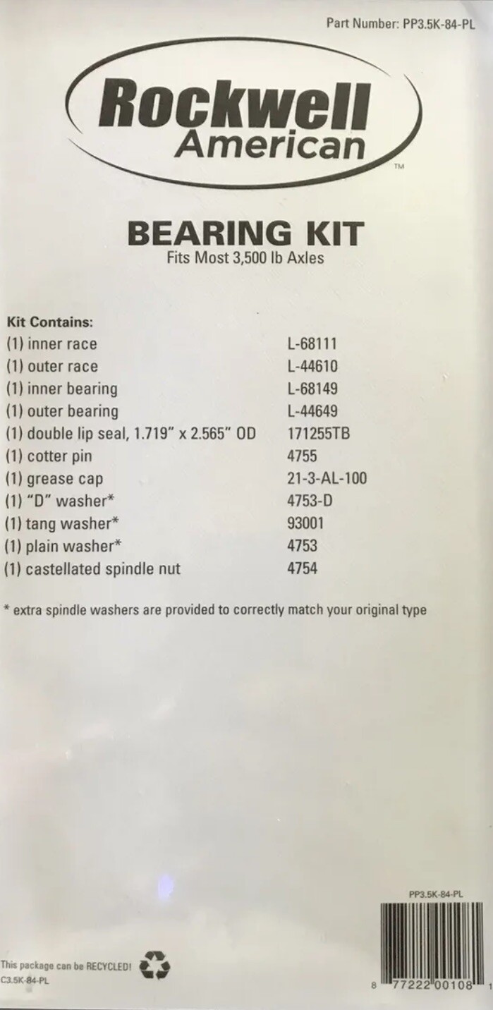 Trailer Axle Bearing Kit for 3500 lb Dexter Rockwell Lippert Alko Axles