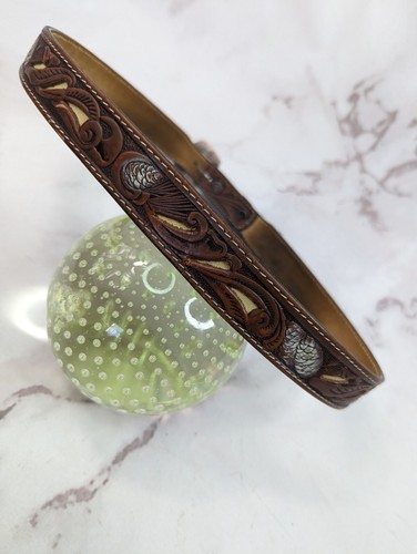 Vintage Concho Belt Womens 32 34 36 Pinecone Nature Brown Silver Tooled Leather - Picture 3 of 11