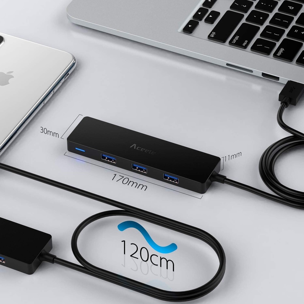 4-Port USB 3.0 Hub with 4ft Extension Cable - Ultra-Slim Multi-Port Splitter