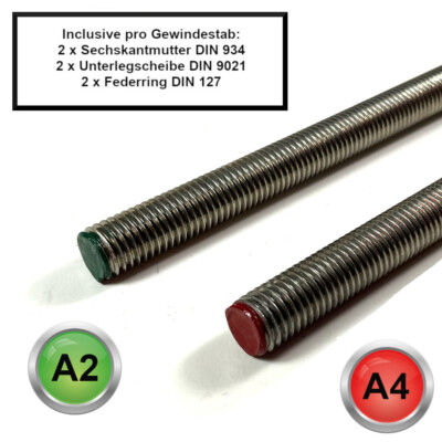 4x Gewindestange M8 x 85 Edelstahl V2A Gewindestab Muttern Scheibe