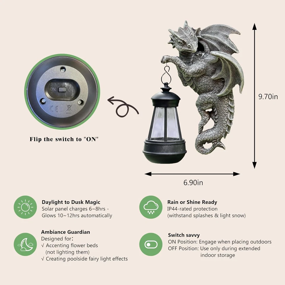 Estatua de dragón solar decoración de jardín al aire libre - arte de patio de fantasía medieval, caprichoso Foto 4 de 4