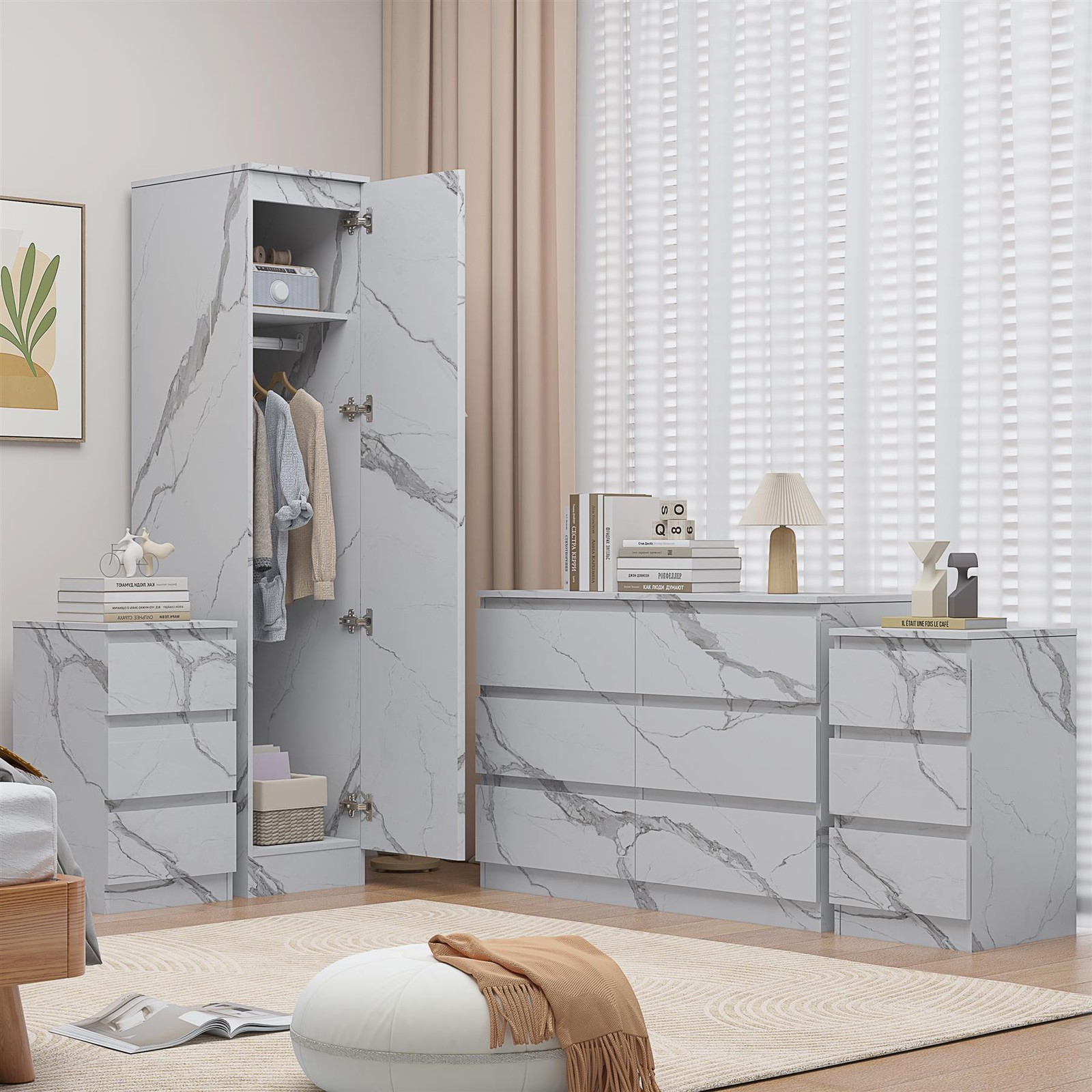 ZITA White Marble 4pc Set - 1 Door Wardrobe + Wide Chest + 2 Bedsides