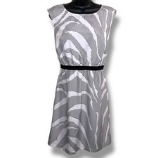 XS Ann Taylor Loft Grey White Zebra Print Sleeveless Dress Elastic Waist Accent